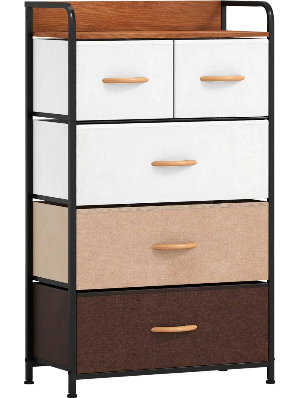 5-drawer fabric dresser in multicolor with removable bins, strong metal frame, ideal for living room or bedroom storage.
