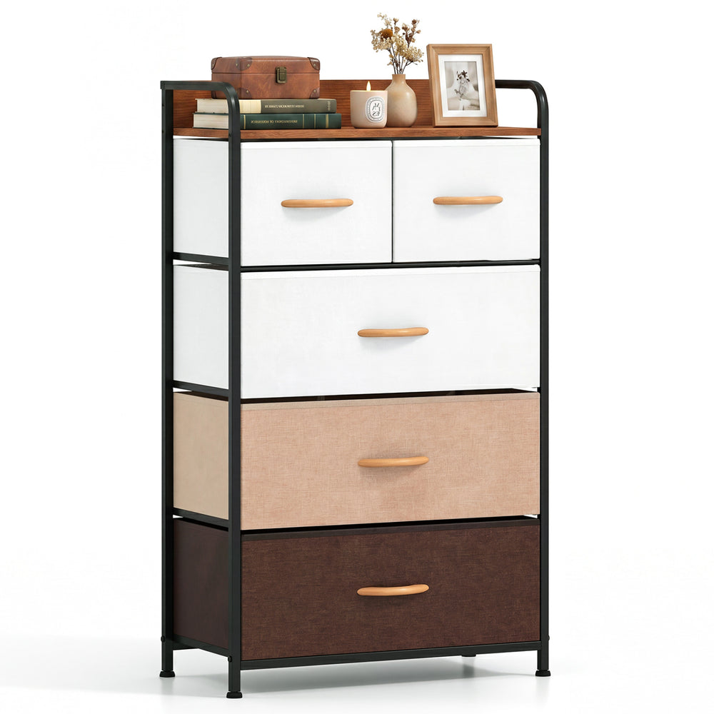 5-drawer fabric dresser with removable bins in multicolor, featuring a strong metal frame and raised-edge top for.