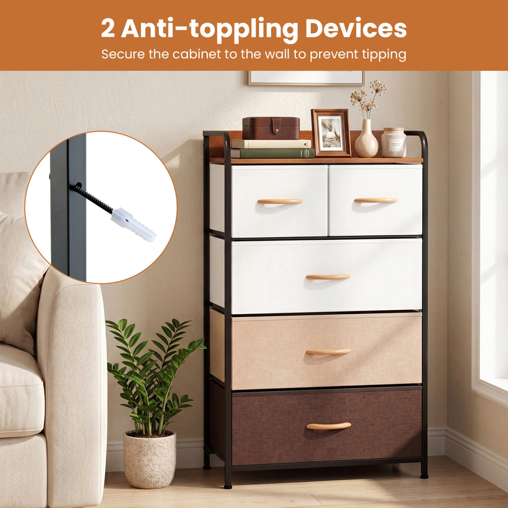 5-drawer fabric dresser with removable bins in multicolor, featuring a raised-edge top and anti-toppling devices for.