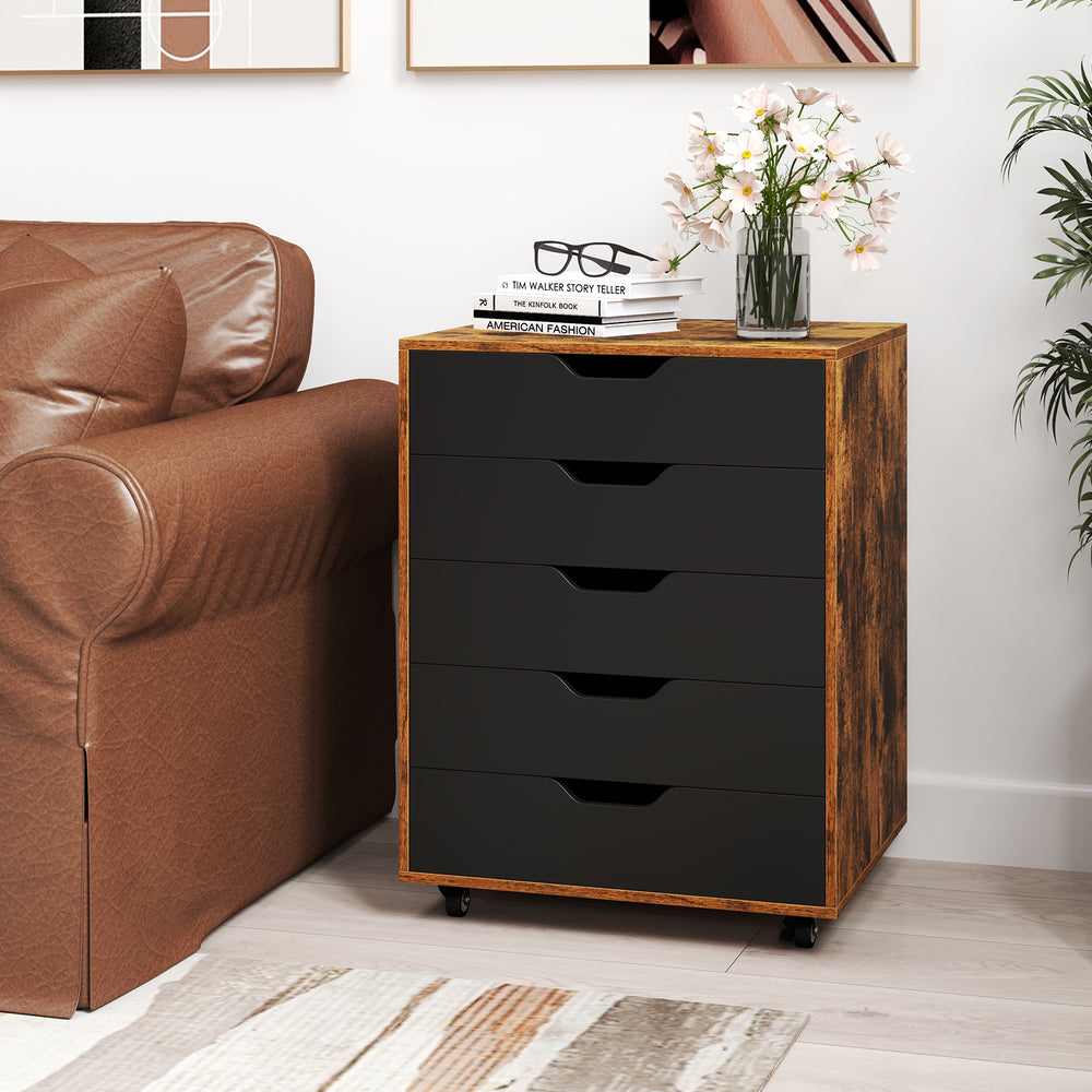 5 Drawer Mobile Lateral Filing Storage Home Office Floor Cabinet with Wheels-Rustic Brown - Gallery View 1 of 10