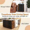 5-drawer mobile lateral filing cabinet in rustic brown, showcasing a side view with smooth slides and removable wheels.