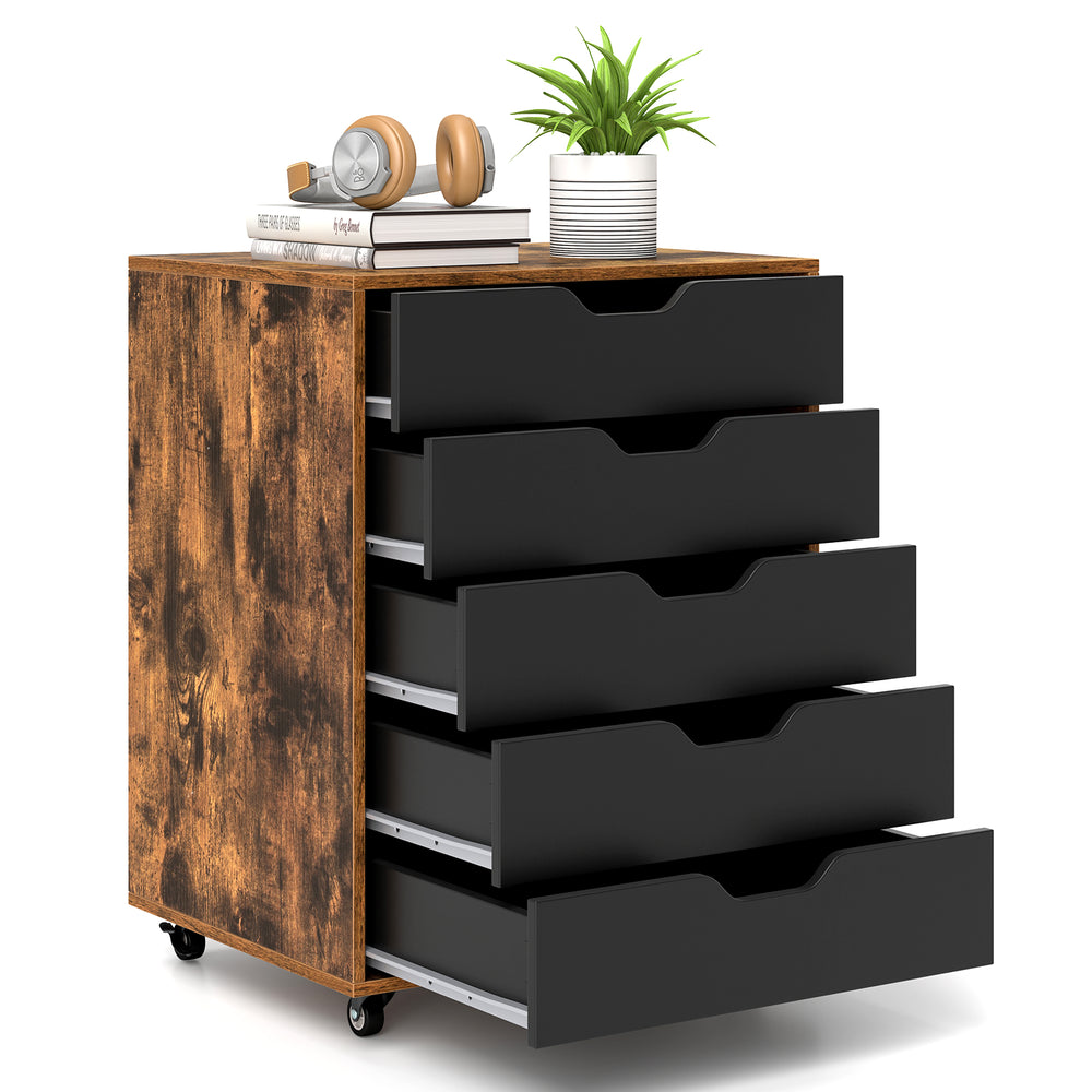 Mobile lateral filing cabinet with rustic brown finish, featuring 5 drawers and wheels for easy movement in home office.