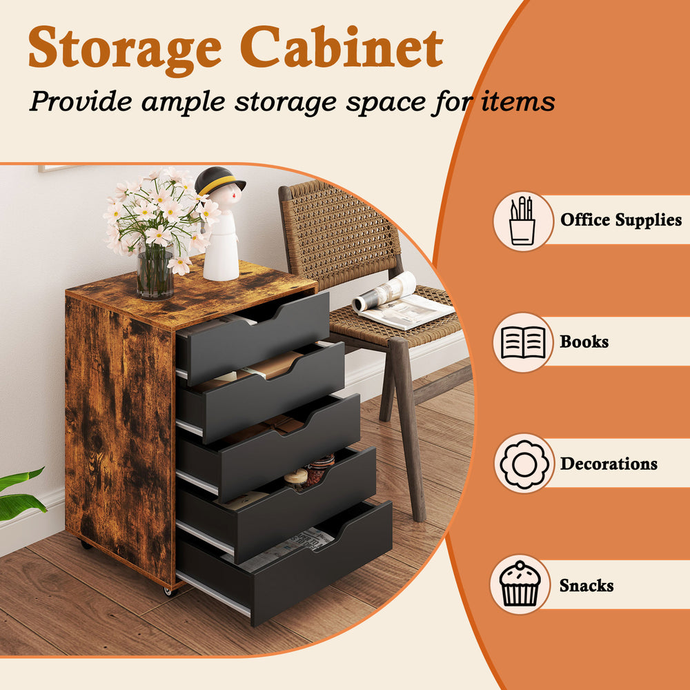 5-drawer mobile lateral filing cabinet in rustic brown with wheels, ideal for office supplies and home organization.