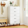 Modern tall chest of drawers in white with five large drawers and sturdy metal legs, ideal for organized storage.