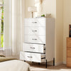 5-drawer modern tall chest of drawers in white with metal legs, showcasing a wide top surface for easy access to.