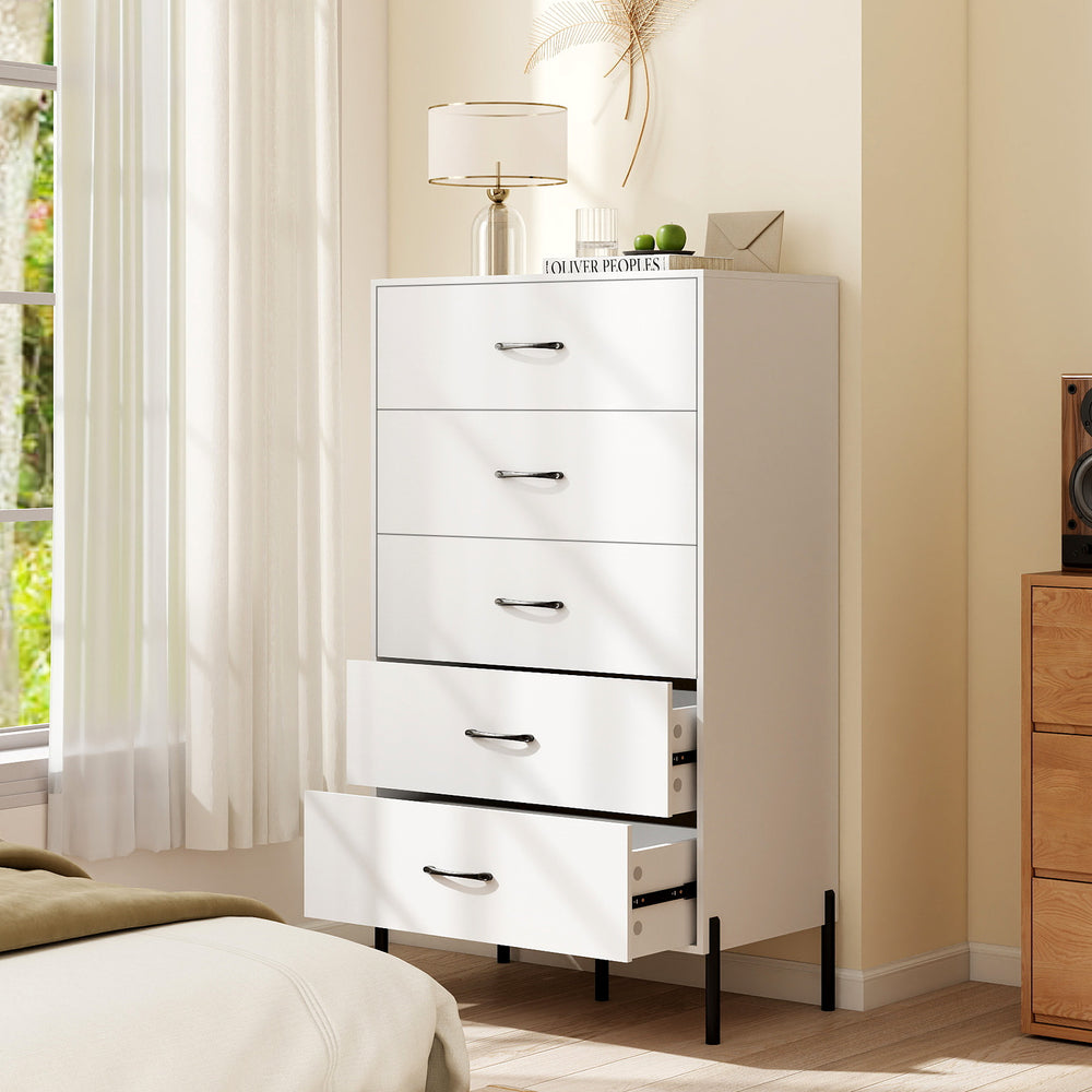 5-drawer modern tall chest of drawers in white with metal legs, showcasing a wide top surface for easy access to.