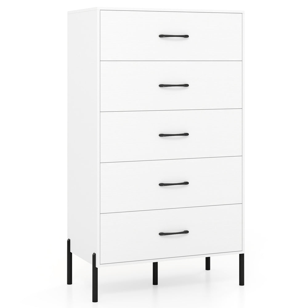 5-drawer modern tall chest of drawers in white, featuring a sleek design and elevated legs for easy cleaning underneath.