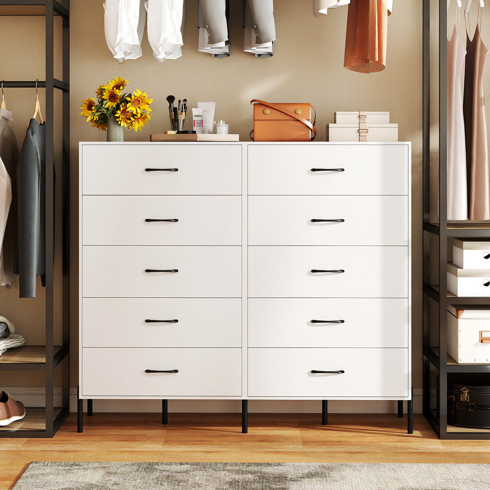 5-drawer modern tall chest of drawers in white with metal legs, ideal for organized storage in bedrooms or living rooms.