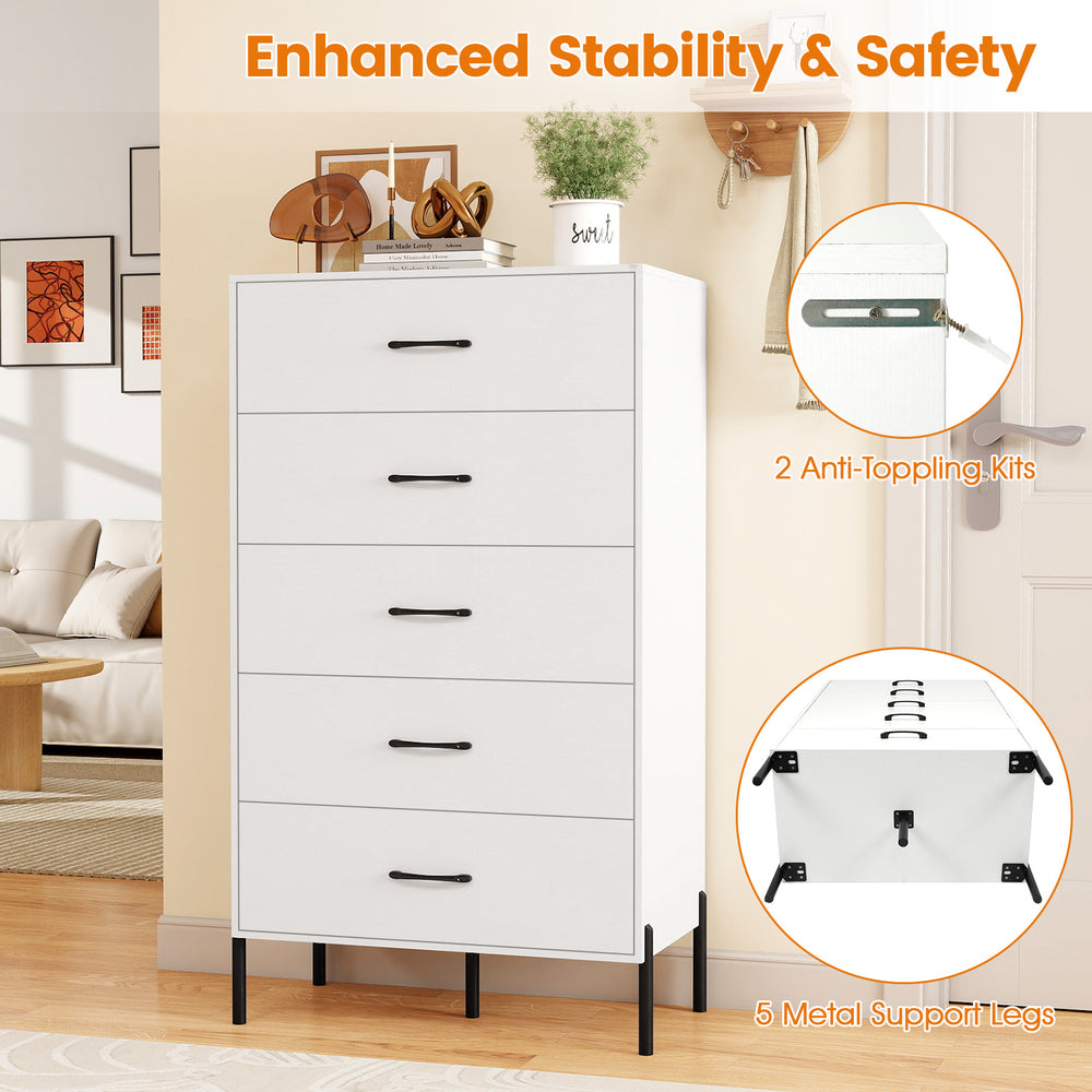 5-drawer modern tall chest of drawers in white with metal legs, featuring anti-tipping kits for enhanced safety.