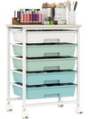 Rolling storage cart with five spacious drawers, powder-coated metal frame, and four universal wheels for easy mobility.