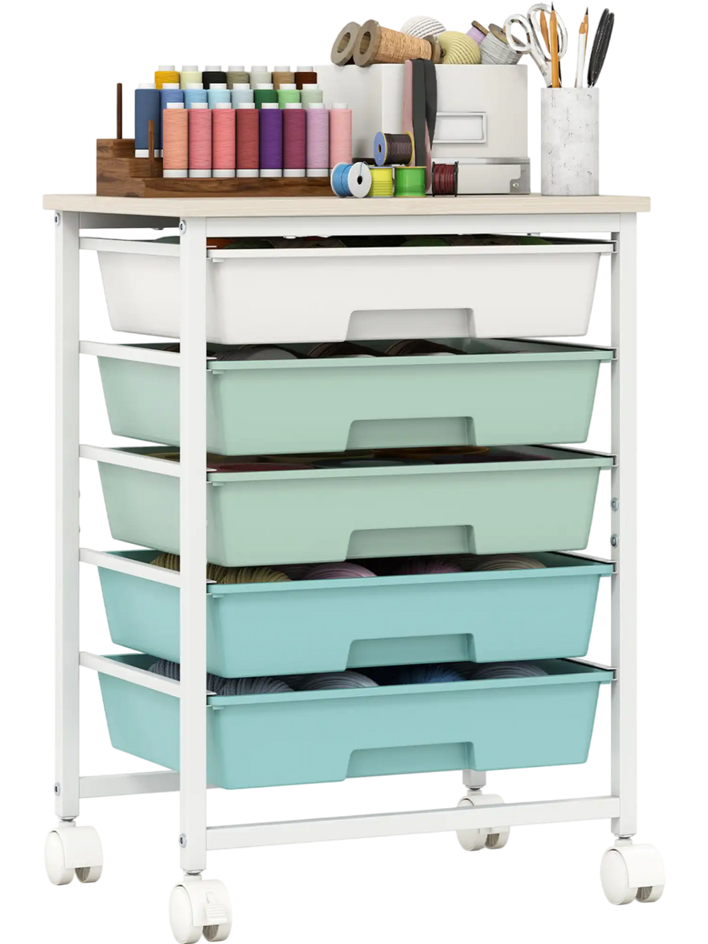 Rolling storage cart with five spacious drawers, powder-coated metal frame, and four universal wheels for easy mobility.