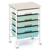 Rolling storage cart with five colorful drawers, a spacious tabletop, and four universal wheels for easy mobility.