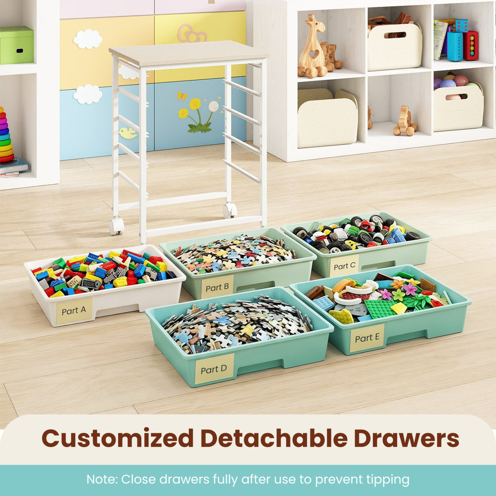 Rolling storage cart with five removable drawers, powder-coated metal frame, and four universal wheels for versatile use.