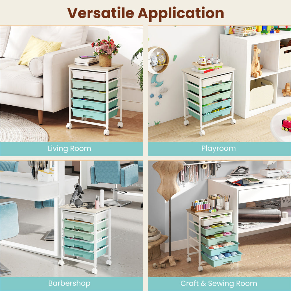 Rolling storage cart with 5 roomy drawers, 4 wheels, and a powder-coated metal frame for versatile use in any room.