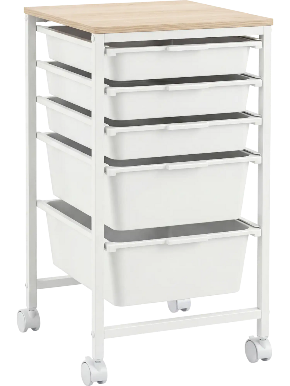 5-drawer rolling storage cart with white drawers and natural wood top, ideal for office or craft organization.