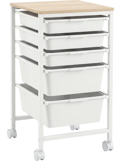 Costway 5-Drawer Rolling Storage Cart Mobile Utility Organizer w/ Wooden Tabletop Lockable Wheels 42226234 New
