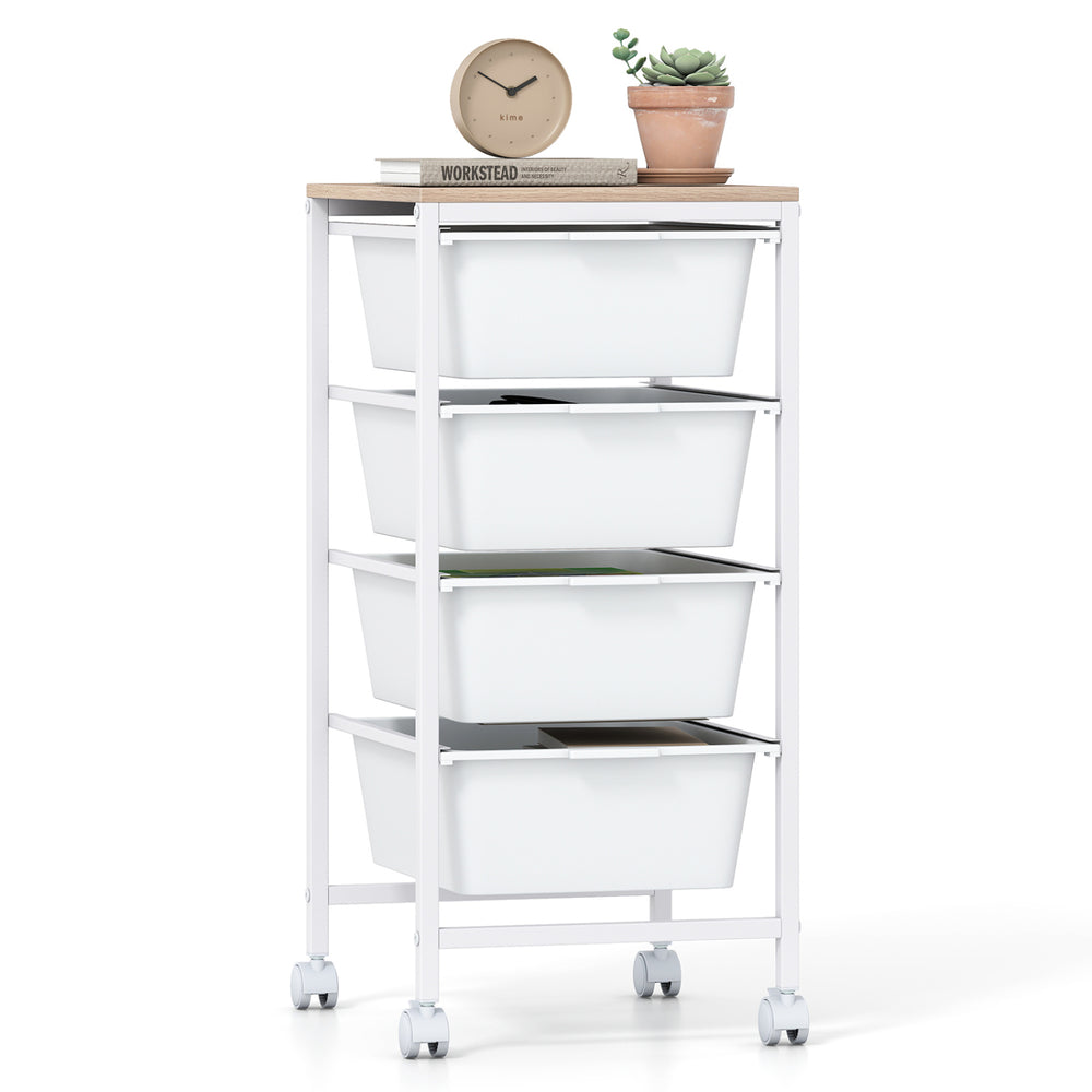 5-drawer rolling storage cart with white drawers and wooden tabletop, ideal for office organization and mobility.