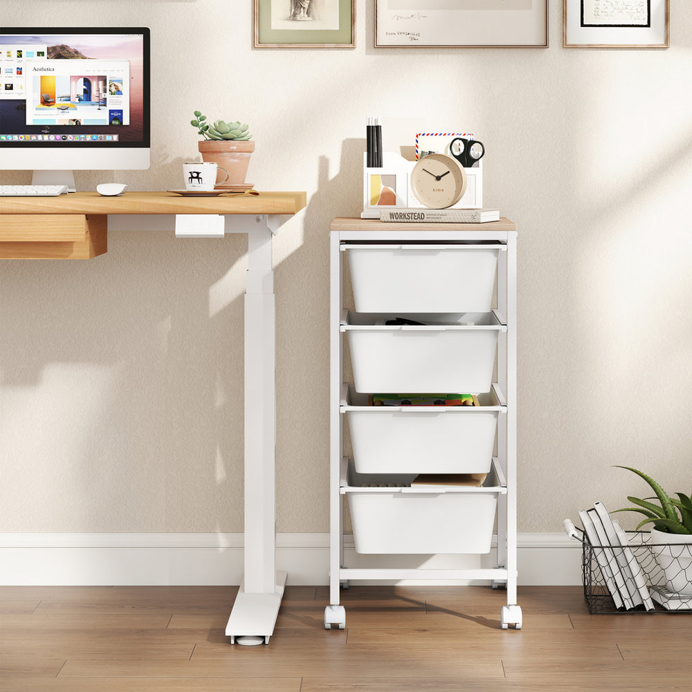 5-drawer rolling storage cart with white drawers and wooden tabletop, ideal for organizing office supplies in any space.