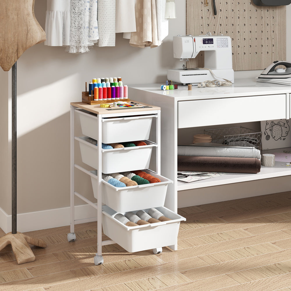5-drawer rolling storage cart in white with wooden tabletop, ideal for organizing office and craft supplies.