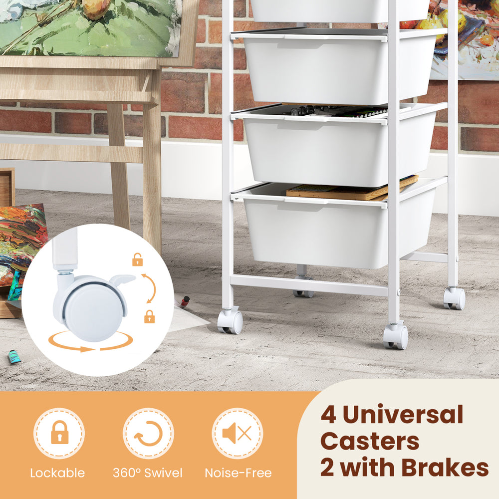 5-drawer rolling storage cart with wooden tabletop, lockable wheels, and quiet swivel casters for versatile.