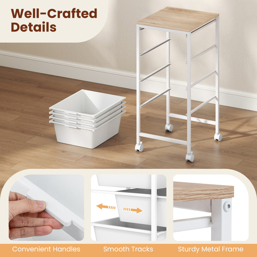 5-drawer rolling storage cart with wooden tabletop, sturdy metal frame, and lockable wheels for versatile organization.