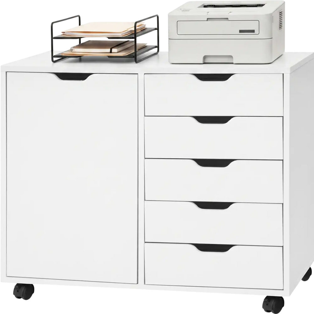 Storage cabinet on wheels with five drawers and a door, featuring silent slides and soft-close hinges for smooth operation.