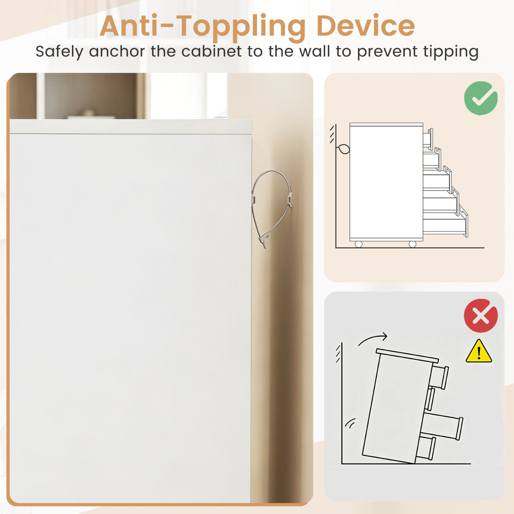 5-drawer white storage cabinet on wheels with adjustable shelf, featuring an anti-toppling device for added safety.