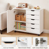 5-drawer storage cabinet on wheels in white with adjustable shelf, cut-out handles, and soft-close hinges for easy organization.