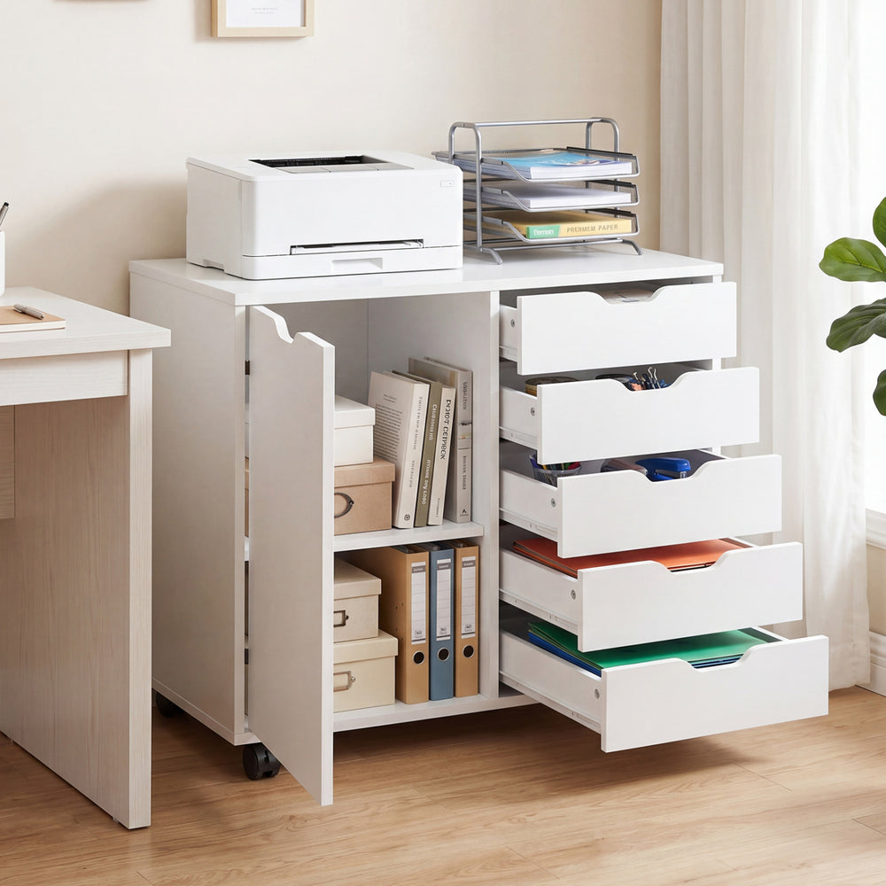 5-drawer storage cabinet on wheels in white with adjustable shelf, ideal for workspace organization and easy mobility.
