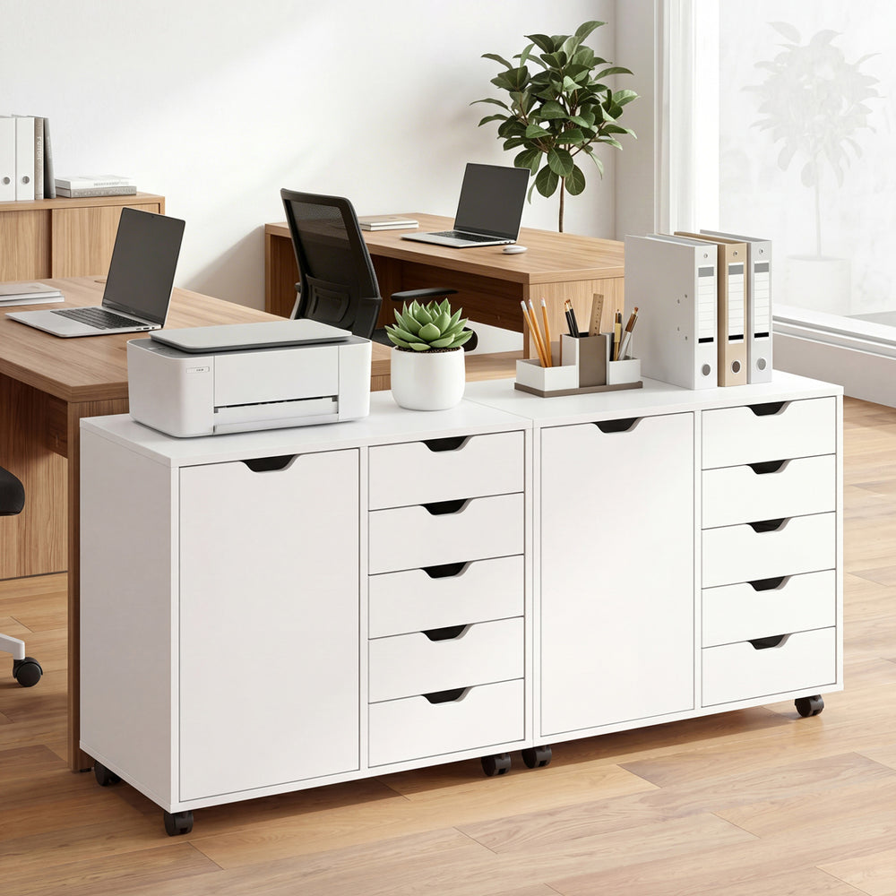 5-drawer white storage cabinet on wheels with adjustable shelf, ideal for workspace organization and easy mobility.