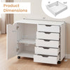 5-drawer white storage cabinet on wheels features an adjustable shelf and cut-out handles for easy organization.