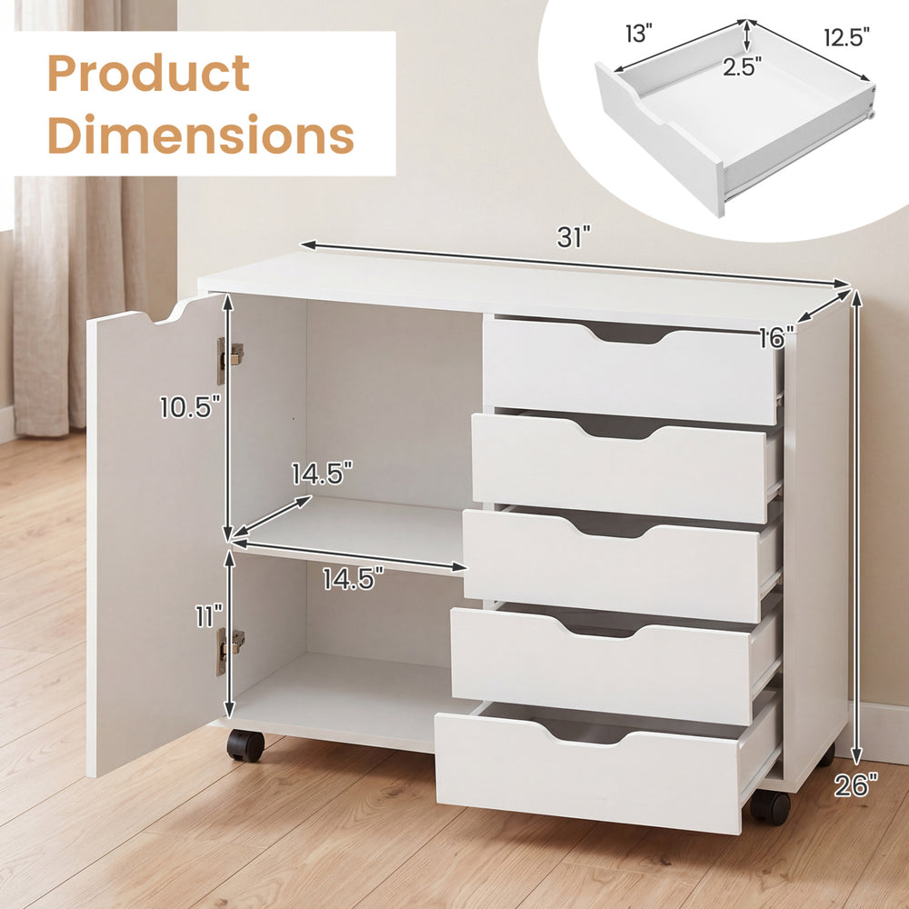 5-drawer white storage cabinet on wheels features an adjustable shelf and cut-out handles for easy organization.