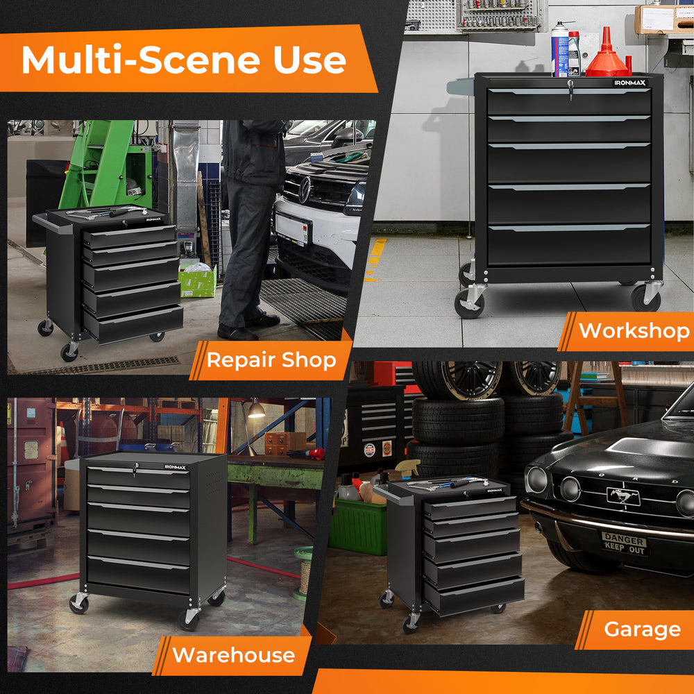 5-drawer tool storage cabinet in black with central locking, ideal for garage, workshop, and repair shop use.
