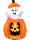 Animated 5 FT Halloween inflatable features a rising ghost inside a pumpkin, perfect for festive yard decor.