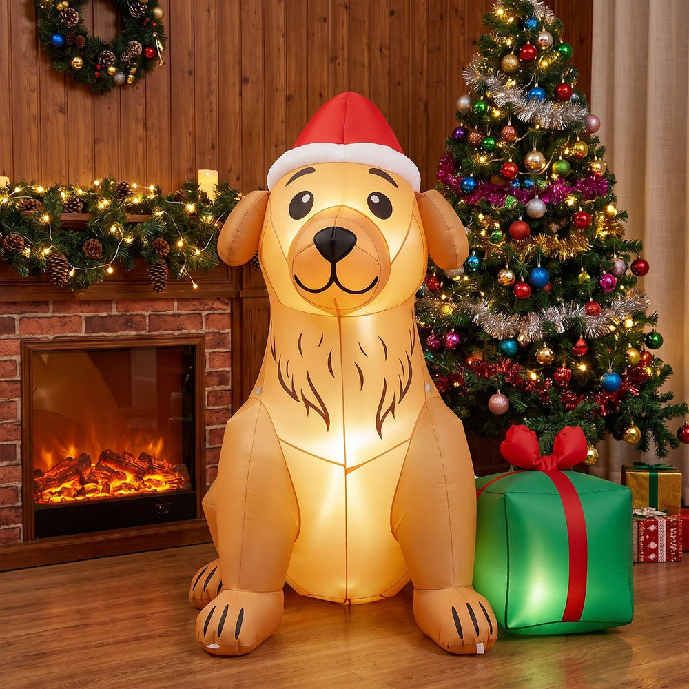 Inflatable 5 FT Christmas golden retriever dog decoration with lights, wearing a Santa hat, perfect for holiday displays.