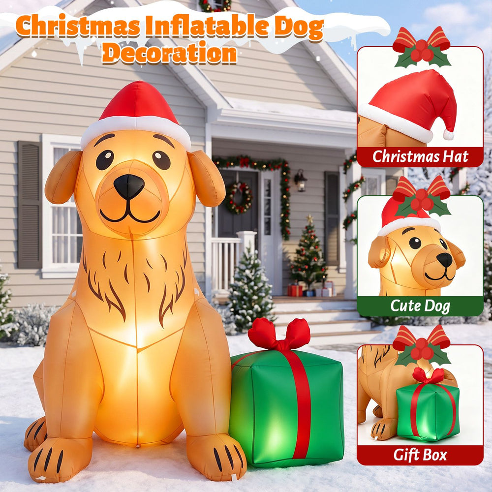 Cute 5 FT Christmas inflatable golden retriever dog decoration with a hat and gift box, perfect for holiday displays.