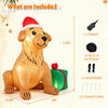 Inflatable 5 FT golden retriever dog decoration with Christmas hat, bright lights, and gift box for festive outdoor display.