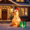 Adorable 5 FT Christmas inflatable golden retriever dog with a gift box and hat, perfect for holiday yard decor.