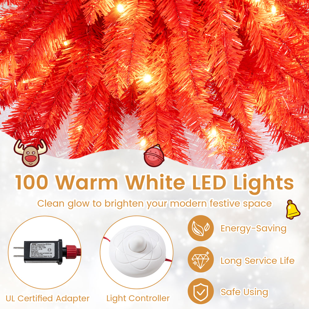 5 FT pre-lit artificial Christmas tree with 301 red and white branch tips and 100 warm white LED lights for festive.
