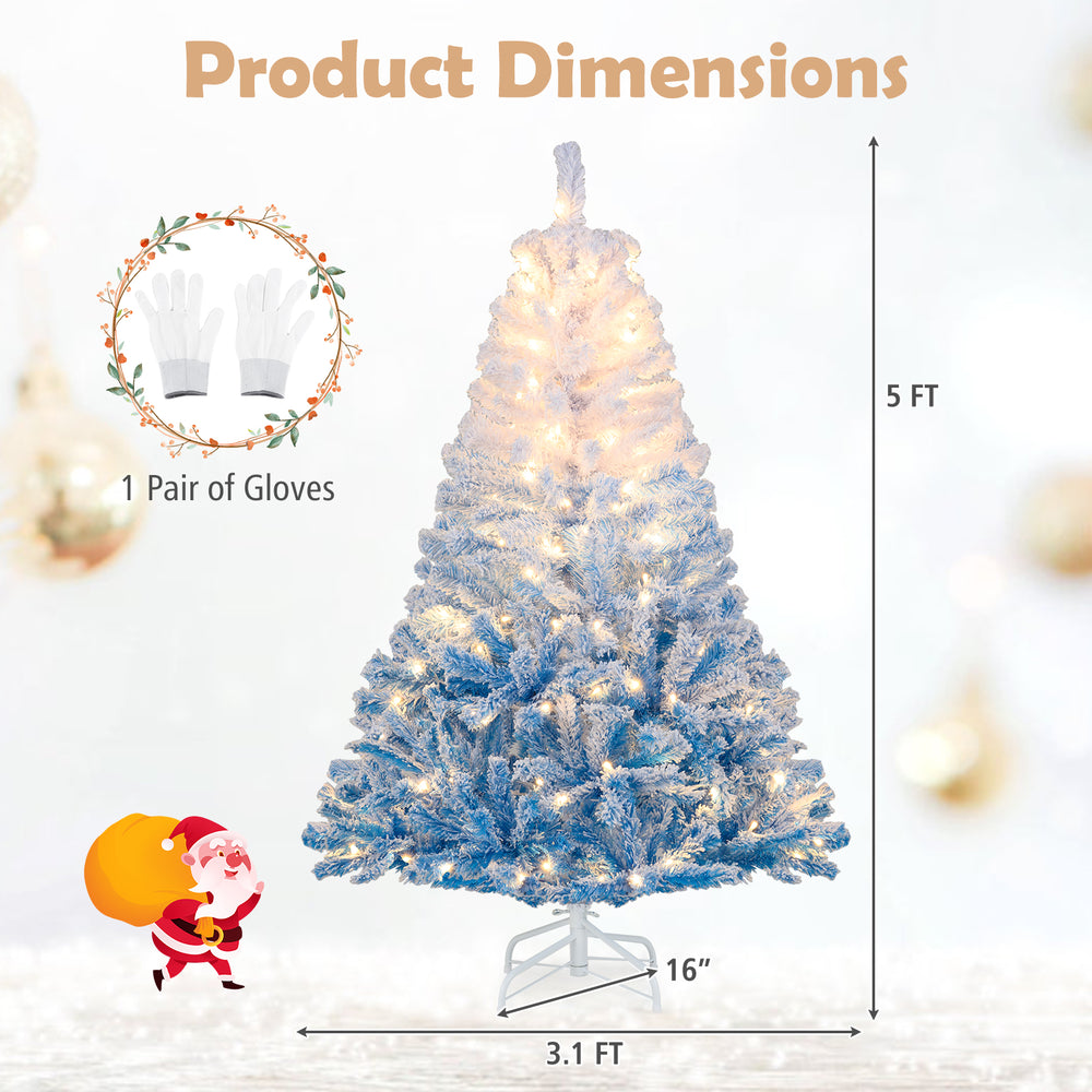 5 FT artificial Christmas tree with warm white LED lights, snow flocking, and 8 lighting modes for festive decoration.