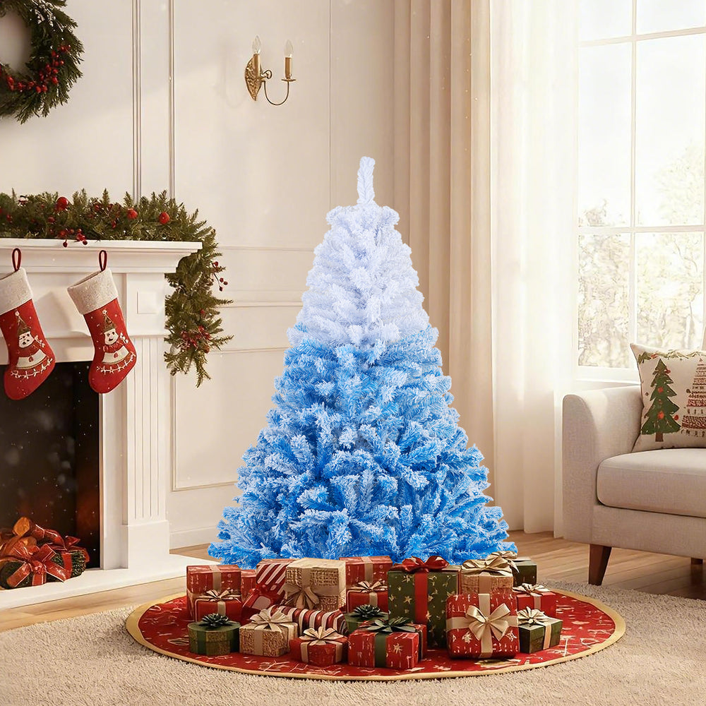 5 FT artificial Christmas tree in blue gradient with warm white LED lights, surrounded by festive gifts for holiday.