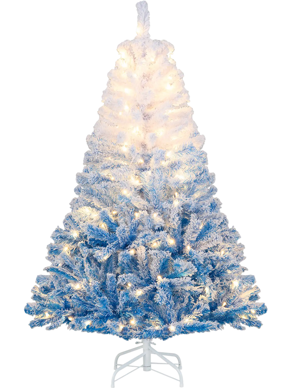5 FT artificial Christmas tree with warm white LED lights, snow flocking, and gradient color for festive decor.