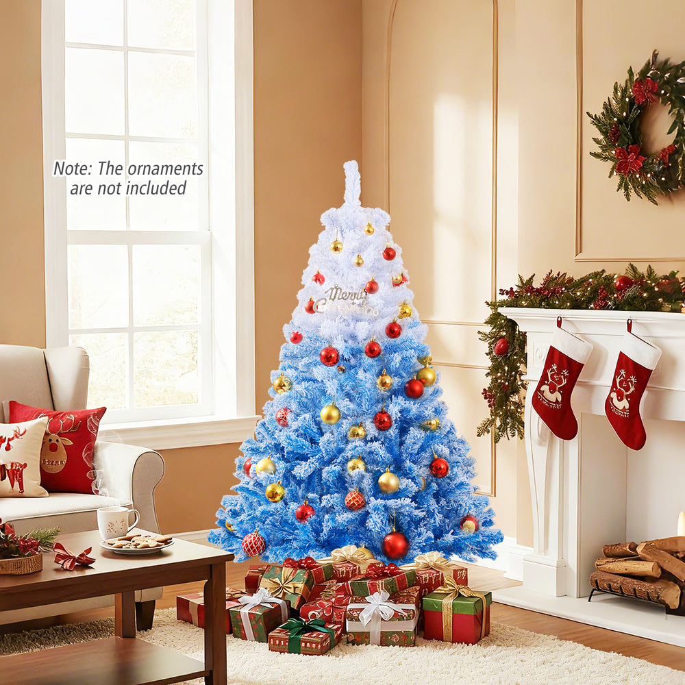 5 FT artificial Christmas tree in blue with warm white LED lights, featuring snow flocking and 8 lighting modes for.