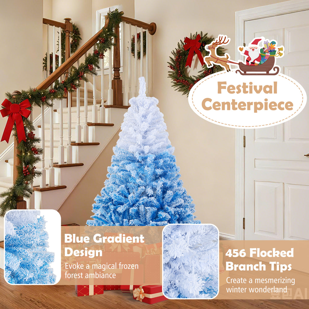 5 FT artificial Christmas tree with blue gradient design and 456 flocked branch tips for a festive winter ambiance.