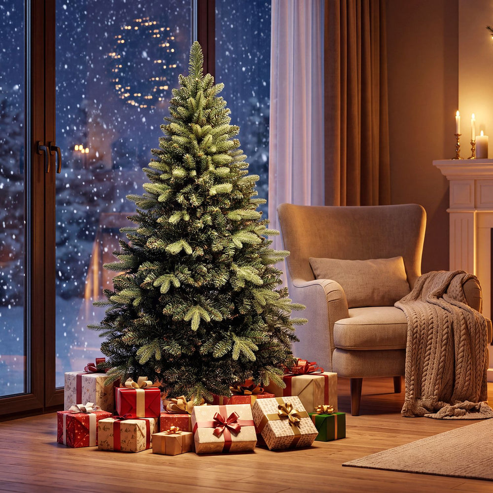 5 FT artificial Christmas tree with 500 dense branch tips, realistic PVC foliage, and a folding metal stand for easy setup.