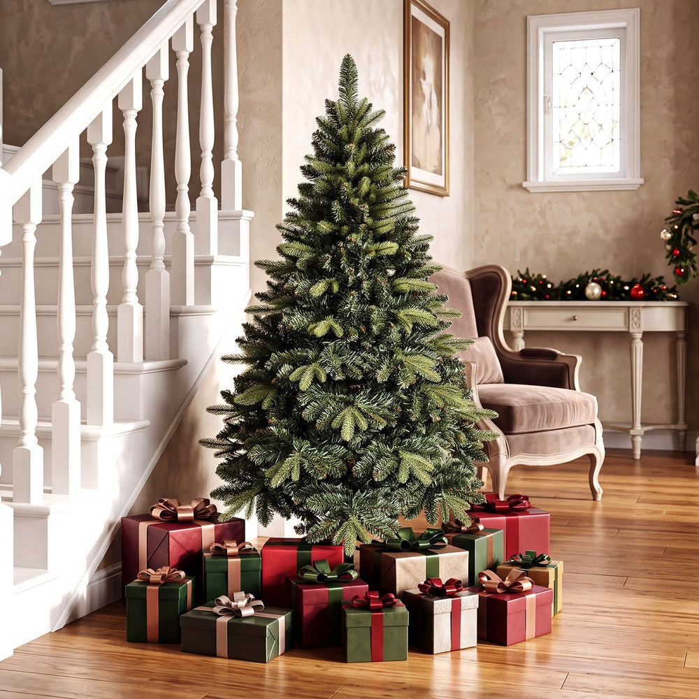 5 FT artificial Christmas tree with 500 dense branch tips and a folding metal stand, perfect for festive home decor.