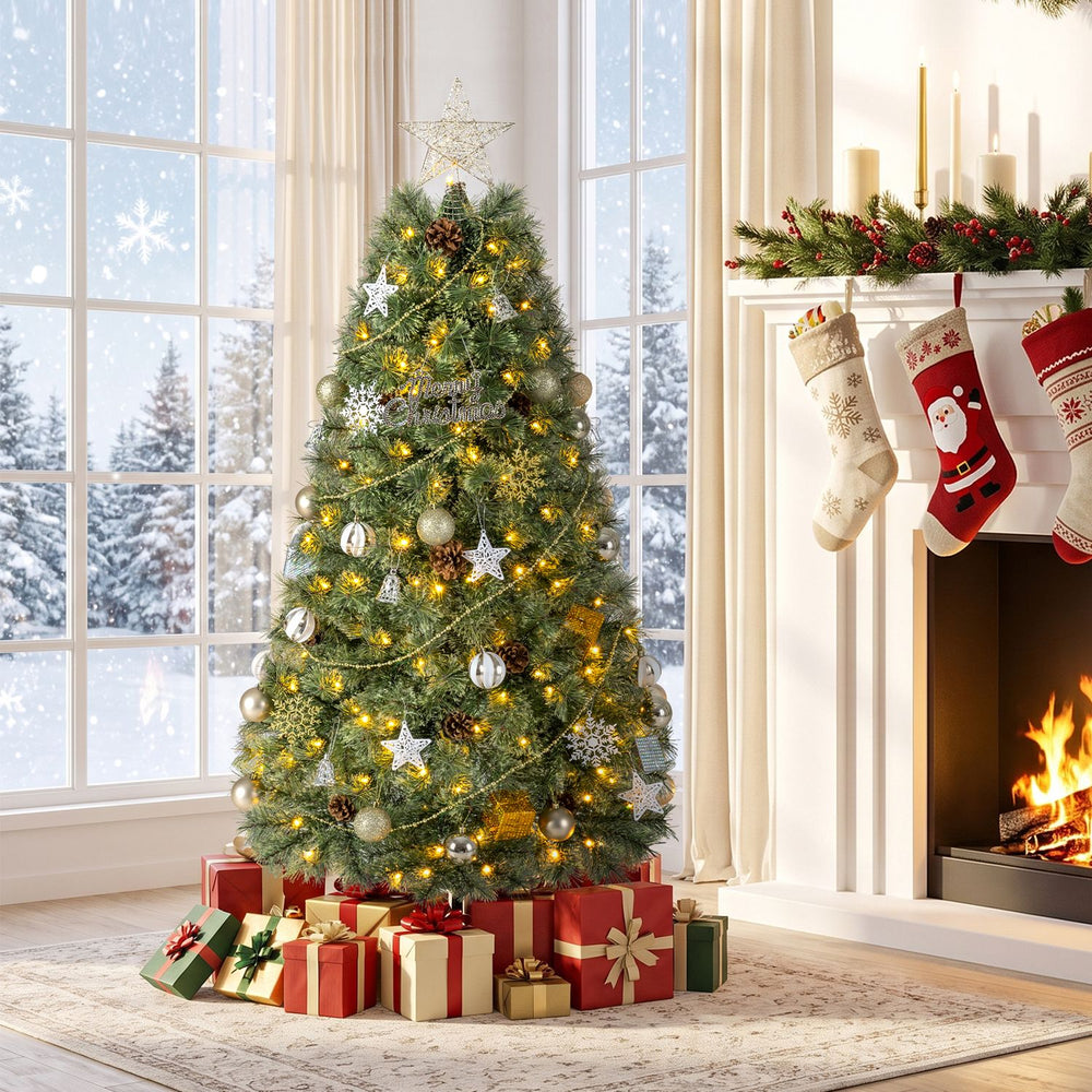 5 FT artificial Christmas tree with 238 blossom pine needles, fully decorated with lights and ornaments for festive ambiance.