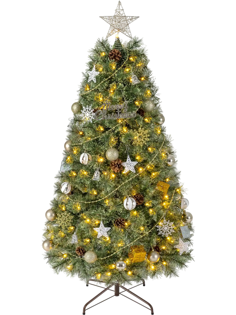 Fully decorated 5 FT artificial Christmas tree with 238 blossom pine needles, warm white LED lights, and a star topper.
