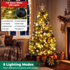 5 FT artificial Christmas tree with 238 blossom pine needles, 140 warm white LED lights, and 8 lighting modes for festive charm.