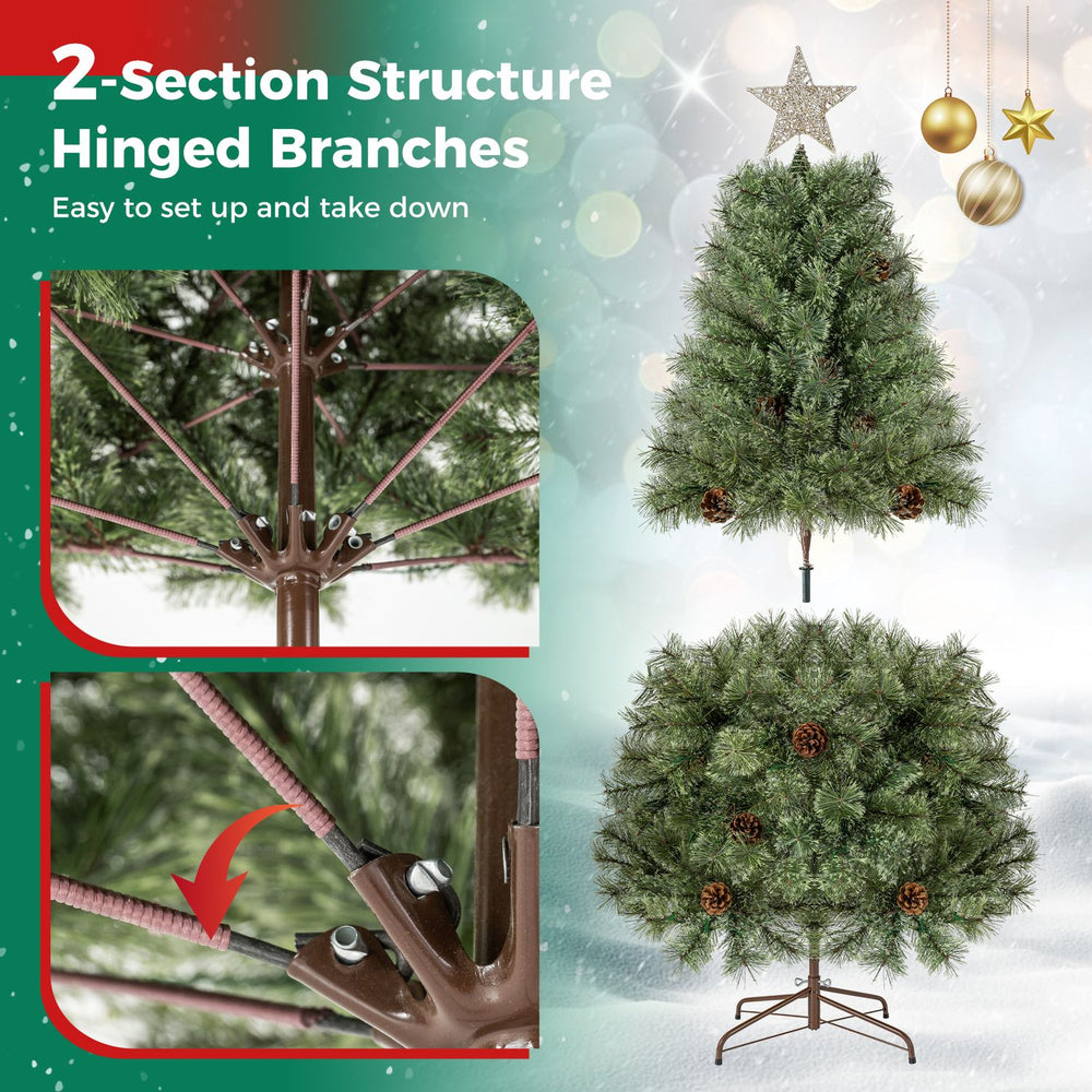 5 FT artificial Christmas tree with 238 blossom pine needles, pre-decorated, and hinged branches for easy setup.